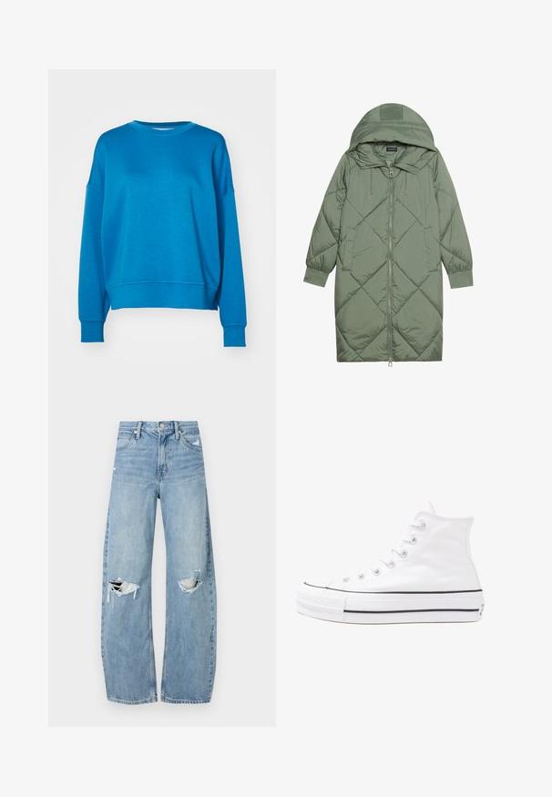 Steppelt, hosszú zöld pufikabát kapucnival, elöl cipzáras záródással és két oldalsó zsebből áll. Az anyagon teljes hosszában váltakozó gyémántmintázat található.; Kék pulóver laza szabással, kerek nyakkal és széles ujjakkal. Puha anyagból készült, bordás mandzsettákkal és aljjal.; Világoskék, magas derekú farmernadrág. Széles lábakkal, két szakadt térddel és klasszikus öt zsebes dizájnnal rendelkezik.; Fehér magaskorsó vászon sportcipő fekete gumi talppal, elülső gumi orrnyereggel és hat fűzőlyukkal, letisztult, minimalista dizájnnal.