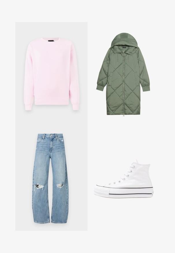 Casaco puffer longo verde acolchoado com capuz, apresentando um fecho frontal com zíper e dois bolsos laterais. Padrão texturizado em forma de diamante por todo o casaco.; Sweatshirt rosa claro com gola redonda, mangas longas, punhos canelados e um ajuste regular. Textura suave, sem padrões ou gráficos.; Jeans de lavagem clara, de cintura alta, feitos de denim. Apresentam pernas largas, duas áreas rasgadas nos joelhos e o estilo clássico de cinco bolsos.; Sapatilha alta de tela branca com sola de borracha preta, bico de borracha na frente e seis ilhós para os atacadores, apresentando um design limpo e minimalista.