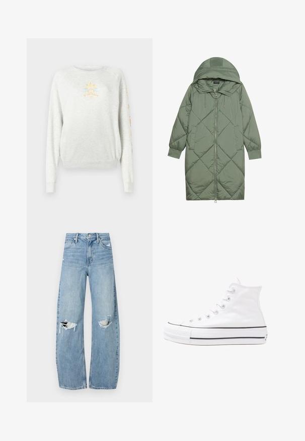 Gequiltede lange groene pufferjas met een capuchon, met een ritssluiting aan de voorkant en twee zijzakken. Gelaagd ruitpatroon overal.; Lichtgrijs sweatshirt met ribbelmanchetten en -zoom. Voorzien van een zonafbeelding in geel en blauw op de voorkant en kleurrijke tekst op de mouw.; Lichtblauwe, hooggeritste jeans van denim. Beschikken over wijde pijpen, twee gescheurde knievalken en klassieke vijfzakken styling.; Witte high-top canvas sneakers met een zwarte rubberen zool, een rubberen neuskap aan de voorkant en zes gaatjes voor veters, met een schone, minimalistische uitstraling.