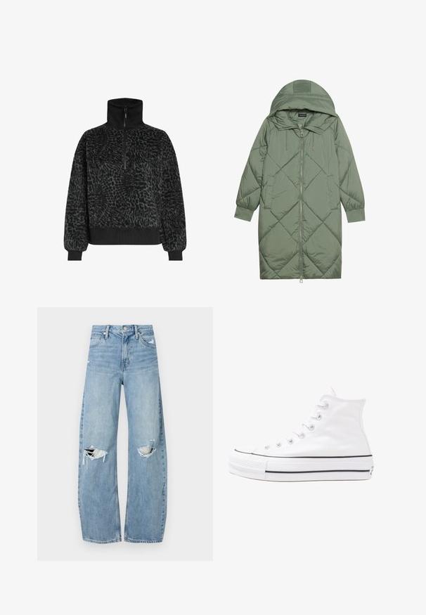 Quiltana duga zelena puffer jakna s kapuljačom, s prednjim zatvaračem i dva bočna džepa. Teksturni dijamantni uzorak kroz cijelu jaknu.; Crni flis pulover s teksturom s visokim ovratnikom i polu-zipom, koji ima rebraste manžete i rub za čvrsto pristajanje.; Svijetloplave, visoko-strukirane traperice. Imaju široke nogavice, dva razderana područja na koljenima i klasičan stil s pet džepova.; Bijela visoka platnena tenisica s crnom gumenom potplatom, prednjim gumenim zaštitnikom prstiju i šest rupa za vezanje, s čistim, minimalističkim dizajnom.