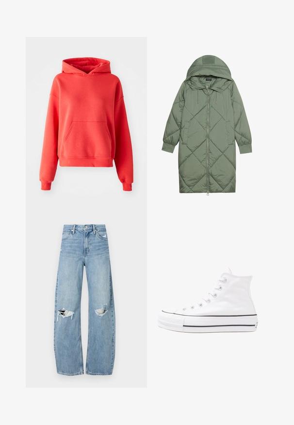 Quilted long green puffer coat with a hood, featuring a front zipper closure and two side pockets. Textured diamond pattern throughout.; Coral hoodie made of soft fabric, featuring a front pocket, adjustable drawstring hood, and ribbed cuffs and hem. Relaxed fit.; Light blue, high-waisted jeans made of denim. Feature wide legs, two torn knee areas, and classic five-pocket styling.; White high-top canvas sneaker with black rubber sole, front rubber toe cap, and six eyelets for laces, featuring a clean, minimalist design.