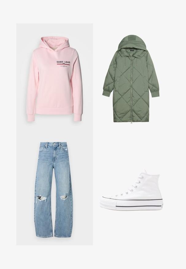Prošívaný dlouhý zelený péřový kabát s kapucí, který má přední zip a dvě boční kapsy. Po celém povrchu je texturovaný diamantový vzor.; Růžová mikina vyrobená z bavlněné směsi, s předním logem a horizontálními pruhy. Má kapuci se stahovací šňůrkou a žebrované manžety a spodní lem.; Světle modré džíny s vysokým pasem vyrobené z denimu. Mají široké nohavice, dvě roztržené oblasti na kolenou a klasický pětikapsový střih.; Bílé vysoké plátěné tenisky s černou gumovou podrážkou, přední gumovou špičkou a šesti očky na tkaničky, se čistým, minimalistickým designem.