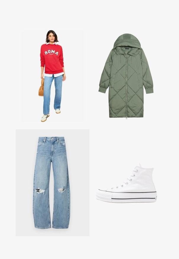 Pistetud pikk roheline puffermantel kapuutsiga, esiküljel tõmblukuga ja kahe küljetaskuga. Kogu pinnal on struktureeritud rombikujundus.; Punane sviiter, millel on tekst "ROMA", valge särk all, sinised teksad ja beež käekott. Mugavad tossud roheliste triipudega. Pehme tekstuur.; Heledad hallideega sinised teksad, millel on kõrge talje. Teksade jalgadel on lai alus, kaks rebitud kohta põlvede ümber ning klassikaline viie tasku stiil.; Valge kõrgem kangast tenniseking, millel on must kummist tald, ees kummist varvasetugi ja kuus aukku paelte jaoks, pakkudes puhta ja minimalistliku disaini.