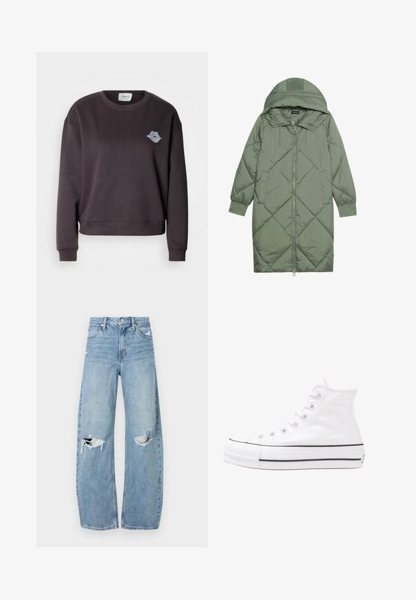 Abrigo acolchado largo verde tipo puffer con capucha, que presenta un cierre frontal con cremallera y dos bolsillos laterales. Patrón de diamantes texturizado en toda su superficie.; Sudadera gris oscuro con escote redondo y mangas largas, con un diseño sutil de labios bordados en el lado izquierdo del pecho. Textura suave.; Vaqueros de mezclilla de tiro alto en azul claro. Tienen piernas anchas, dos áreas desgastadas en las rodillas y un estilo clásico de cinco bolsillos.; Zapatilla de lona alta blanca con suela de goma negra, puntera de goma frontal y seis ojetes para los cordones, que presenta un diseño limpio y minimalista.