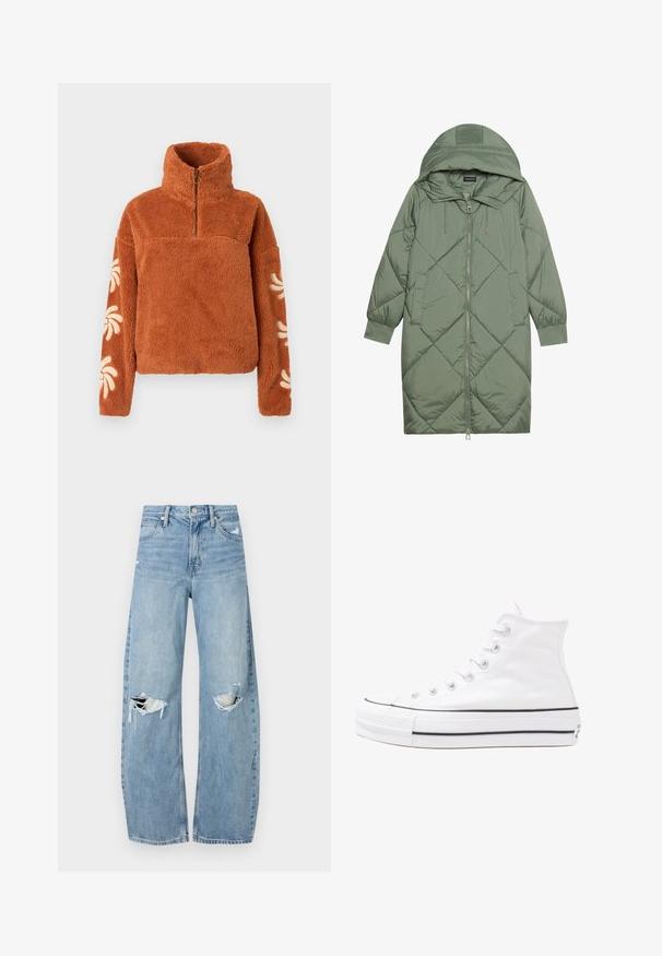 Casaco puffer longo verde acolchoado com capuz, apresentando um fecho frontal com zíper e dois bolsos laterais. Padrão texturizado em forma de diamante por todo o casaco.; Pulôver de fleece castanho com colarinho alto, fecho de zíper de um quarto e padrões florais creme nas mangas. Textura suave, ajuste descontraído.; Jeans de lavagem clara, de cintura alta, feitos de denim. Apresentam pernas largas, duas áreas rasgadas nos joelhos e o estilo clássico de cinco bolsos.; Sapatilha alta de tela branca com sola de borracha preta, bico de borracha na frente e seis ilhós para os atacadores, apresentando um design limpo e minimalista.