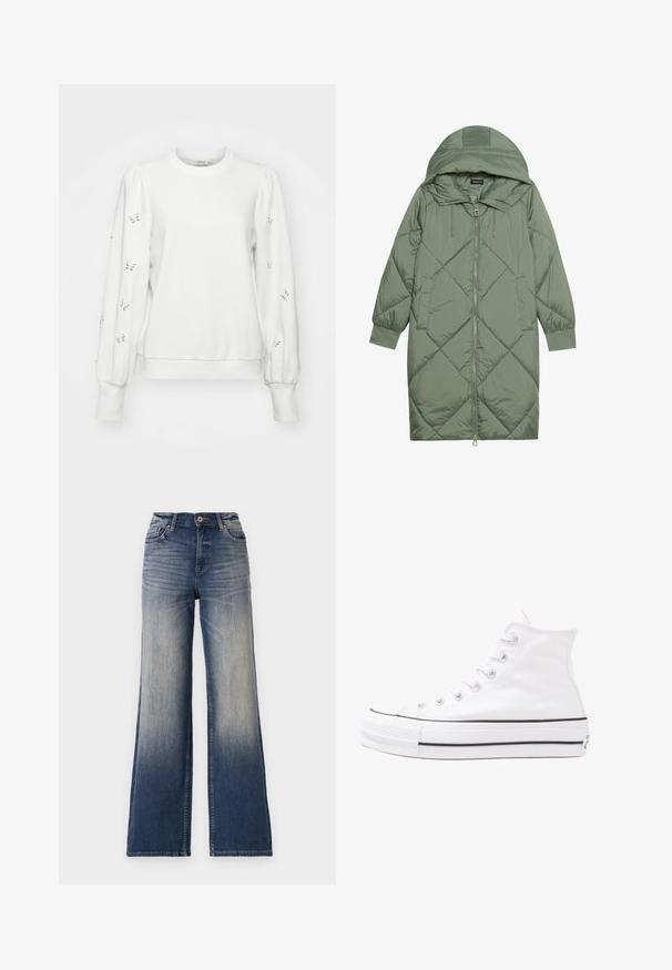 Izšūts garš zaļš pūšļa mētelis ar kapuci, ar priekšējo rāvējslēdzēju un divām sānu kabatām. Visā virsmā ir teksturēta dimanta raksts.; Balta džemperis ar pūkainām piedurknēm, izšūtām tauriņu rakstiem uz rokām un ribota apakšmala un piedurkņu galiem. Mīksta auduma tekstūra un ikdienišķs dizains.; Augsta jostasvieta, plata kājeņu džinsi no gaiši līdz tumši zila džinsa ar izbalējumu, ar pogu aizdari un jostu cilpām. Tīrs apakšmala bez redzamām rotājumiem.; Balti augstie kanvas sporta apavi ar melnu gumijas zoli, priekšējo gumijas purngalu un sešām acīm lencēm, kuriem ir tīrs, minimālistisks dizains.