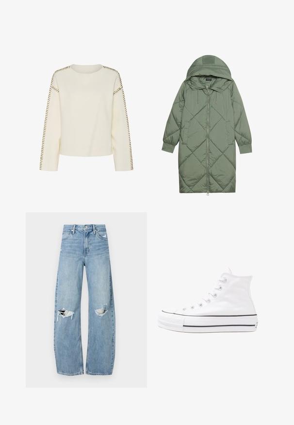 Gesteppten langer grüner Daunenmantel mit Kapuze, mit einem Reißverschluss vorne und zwei Seitentaschen. Strukturiertes Rautenmuster auf der gesamten Fläche.; Helle Cremefarbe Pullover mit Rundhalsausschnitt, langen Ärmeln und dekorativen braunen Nähten an den Schulternähten. Weicher Stoff und lässige Passform.; Helles, hochtailliertes Jeans aus Denim. Hat weit geschnittene Beine, zwei aufgerissene Kniebereiche und klassischen Fünf-Taschen-Stil.; Weiße hochwertige Leinensneaker mit schwarzer Gummisohle, vorderem Gummizehenschutz und sechs Ösen für Schnürsenkel, die ein sauberes, minimalistisches Design aufweisen.