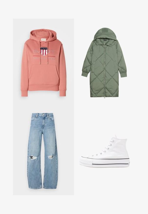 Cele nouă pictate în verde închis, din material pufos, cu glugă, care dispune de închidere cu fermoar frontal și două buzunare laterale. Model texturat cu un model în diamant pe întreaga suprafață.; Hanorac roz cu buzunar tip cangur, glugă cu șnur și logo brodat cu un scut cu dungi roșii și albe. Material moale.; Jeans de denim, de un bleu deschis, cu talie înaltă. Au picioare late, două zone rupte la genunchi și un stil clasic cu cinci buzunare.; Adidași albi tip pantofi sport cu glezna din pânză, cu talpă din cauciuc negru, capac de vârf din cauciuc frontal și șase ochiuri pentru șireturi, având un design curat și minimalist.