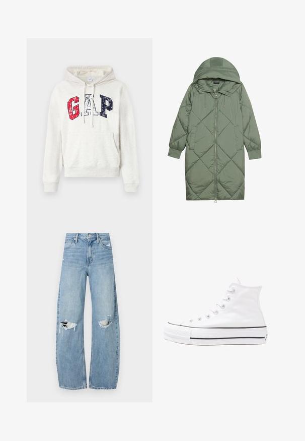 Abrigo acolchado largo verde tipo puffer con capucha, que presenta un cierre frontal con cremallera y dos bolsillos laterales. Patrón de diamantes texturizado en toda su superficie.; Sudadera color crema con un bolsillo canguro. Presenta el logo "GAP" en letras de patrón rojo, blanco y azul. Material de algodón, capucha con cordón.; Vaqueros de mezclilla de tiro alto en azul claro. Tienen piernas anchas, dos áreas desgastadas en las rodillas y un estilo clásico de cinco bolsillos.; Zapatilla de lona alta blanca con suela de goma negra, puntera de goma frontal y seis ojetes para los cordones, que presenta un diseño limpio y minimalista.
