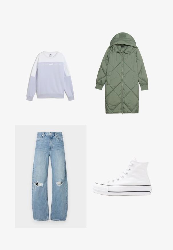 Gesteppten langer grüner Daunenmantel mit Kapuze, mit einem Reißverschluss vorne und zwei Seitentaschen. Strukturiertes Rautenmuster auf der gesamten Fläche.; Hellblaues Sweatshirt mit weißen Akzenten. Verfügt über gerippte Bündchen und Saum, einen Rundhalsausschnitt und ein zentriertes Logoband über der Brust.; Helles, hochtailliertes Jeans aus Denim. Hat weit geschnittene Beine, zwei aufgerissene Kniebereiche und klassischen Fünf-Taschen-Stil.; Weiße hochwertige Leinensneaker mit schwarzer Gummisohle, vorderem Gummizehenschutz und sechs Ösen für Schnürsenkel, die ein sauberes, minimalistisches Design aufweisen.