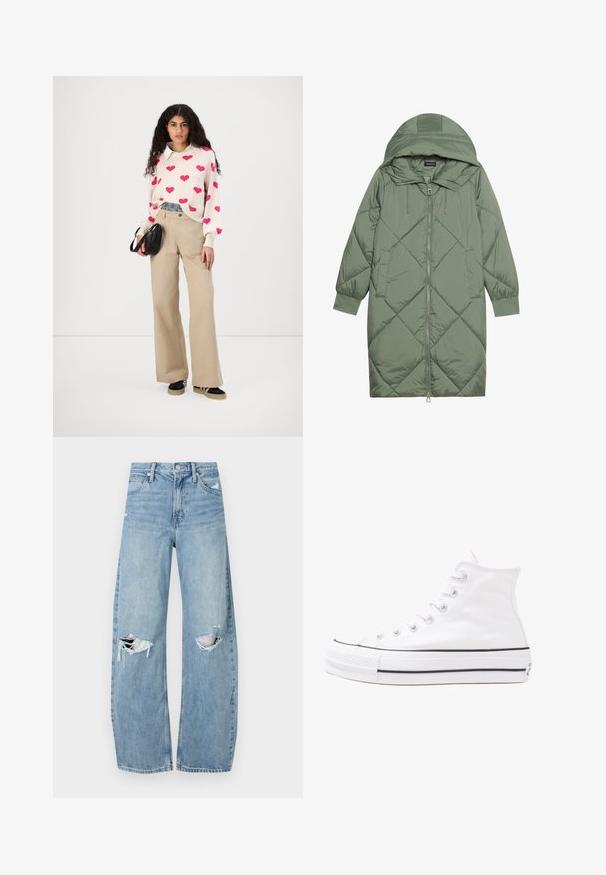 Gesteppten langer grüner Daunenmantel mit Kapuze, mit einem Reißverschluss vorne und zwei Seitentaschen. Strukturiertes Rautenmuster auf der gesamten Fläche.; Strickpullover mit pinken Herzmustern, cremefarbener Basis, kombiniert mit beigen, weitem Hosen. Das Model hält eine schwarze, strukturierte Handtasche. Schwarze Sneaker.; Helles, hochtailliertes Jeans aus Denim. Hat weit geschnittene Beine, zwei aufgerissene Kniebereiche und klassischen Fünf-Taschen-Stil.; Weiße hochwertige Leinensneaker mit schwarzer Gummisohle, vorderem Gummizehenschutz und sechs Ösen für Schnürsenkel, die ein sauberes, minimalistisches Design aufweisen.