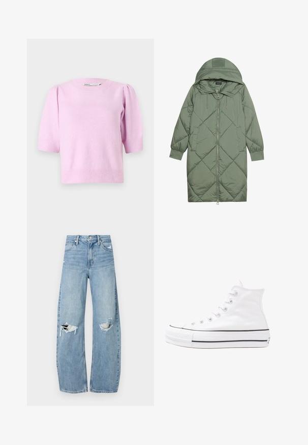 Gesteppten langer grüner Daunenmantel mit Kapuze, mit einem Reißverschluss vorne und zwei Seitentaschen. Strukturiertes Rautenmuster auf der gesamten Fläche.; Rosa kurzärmliger Pullover mit Rundhalsausschnitt, gerippten Bündchen und weicher Textur, mit dezenten Puffdetails an den Schultern.; Helles, hochtailliertes Jeans aus Denim. Hat weit geschnittene Beine, zwei aufgerissene Kniebereiche und klassischen Fünf-Taschen-Stil.; Weiße hochwertige Leinensneaker mit schwarzer Gummisohle, vorderem Gummizehenschutz und sechs Ösen für Schnürsenkel, die ein sauberes, minimalistisches Design aufweisen.