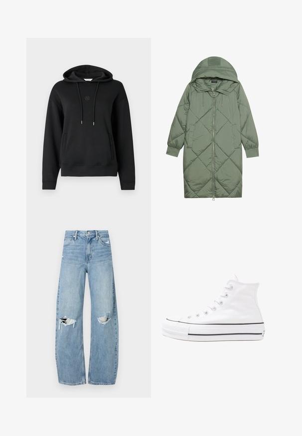 Pistetud pikk roheline puffermantel kapuutsiga, esiküljel tõmblukuga ja kahe küljetaskuga. Kogu pinnal on struktureeritud rombikujundus.; Mustem kapuutsweater pehmest kangast, millel on eesmine tasku, nöörid ja rinna kohal diskreetne logo tikandina.; Heledad hallideega sinised teksad, millel on kõrge talje. Teksade jalgadel on lai alus, kaks rebitud kohta põlvede ümber ning klassikaline viie tasku stiil.; Valge kõrgem kangast tenniseking, millel on must kummist tald, ees kummist varvasetugi ja kuus aukku paelte jaoks, pakkudes puhta ja minimalistliku disaini.