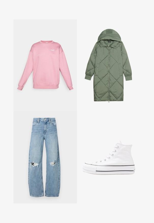 Vihreä vuorattu pitkänmallinen puhvitakki, jossa on huppu, etuvetoketju ja kaksi sivutaskua. Koko takin pinta on teksturoidussa timanttikuviossa.; Vaaleanpunainen huppari, joka on valmistettu pehmeästä kankaasta ja jossa on pyöreä kaula-aukko sekä pitkät hihat. Rinnassa on pieni valkoinen logo. Yksinkertainen muotoilu.; Vaaleansiniset, korkeavyötäröiset farkut, jotka on valmistettu denimmateriaalista. Ominaisuuksiin kuuluvat leveät lahkeet, kaksi revittyä polvialuetta ja klassinen viiden taskun tyyli.; Valkoiset korkeavartiset kangaskengät mustalla kumipohjalla, edessä kuminen varvasosa ja kuusi nauha-aukkoa, puhtaan minimalistisella muotoilulla.