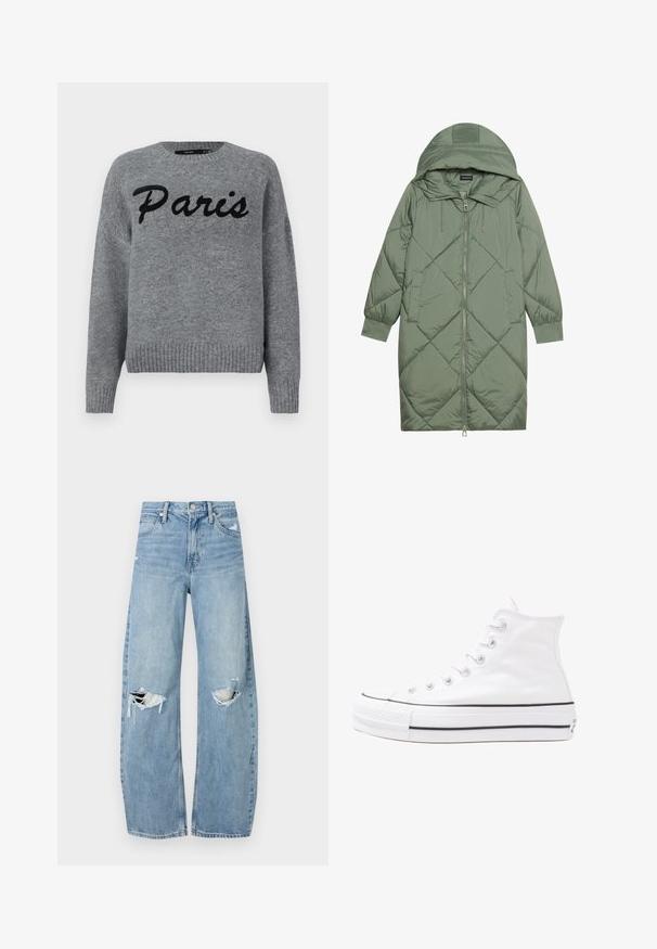 Quiltuotas ilgas žalias pūkinis paltas su kapuce, turintis priekinį užtrauktuką ir dvi šonines kišenes. Visame paviršiuje yra tekstūrinis rombų raštas.; Pilkos megztos palaidinės su pasiruošusiomis apykaklėmis ir rankogaliais, ant kurios priekio juodu siuvinėjimu užrašyta "Paryžius".; Šviesiai mėlynos, aukštu juosmeniu džinsai pagaminti iš džinsinio audinio. Turi plačias kojų kelnes, dvi suplėšytas kelio vietas ir klasikinį penkių kišenių dizainą.; Balti aukštakulniai drobės sportbačiai su juodu guminio pado, priekinio guminio piršto dangteliu ir šešiais akytėmis raištams, pasižymintys švariu, minimalistiniu dizainu.