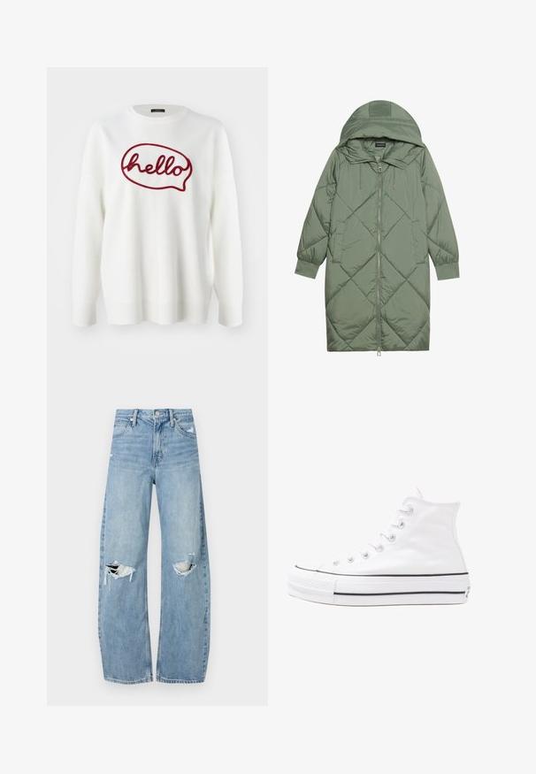 Pistetud pikk roheline puffermantel kapuutsiga, esiküljel tõmblukuga ja kahe küljetaskuga. Kogu pinnal on struktureeritud rombikujundus.; Valge sviiter, millel on punane, tikitud "tere" kõnepuhvri disainis. Lihtne ümar kaelus ning soonikkoes mansetid ja äär.; Heledad hallideega sinised teksad, millel on kõrge talje. Teksade jalgadel on lai alus, kaks rebitud kohta põlvede ümber ning klassikaline viie tasku stiil.; Valge kõrgem kangast tenniseking, millel on must kummist tald, ees kummist varvasetugi ja kuus aukku paelte jaoks, pakkudes puhta ja minimalistliku disaini.