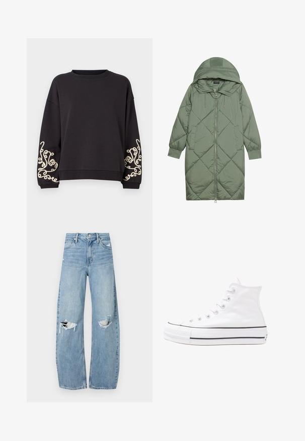 Zelený prešívaný páperový kabát s kapucňou, so zipsovým uzáverom vpredu a dvoma bočnými vreckami. Po celom povrchu je textúrovaný diamantový vzor.; Čierna mikina s dlhými rukávmi a zaobleným výstrihom. Na oboch manžetách sú zložitá smotanová výšivka. Mäkká textúra látky.; Svetlomodré, vysoké džínsy vyrobené z denimu. Majú široké nohavice, dve roztrhnuté kolená a klasický päťvreckový strih.; Biele vysoké plátené tenisky s čiernou gumovou podošvou, prednou gumovou špičkou a šiestimi okami na šnúrky, s čistým, minimalistickým dizajnom.