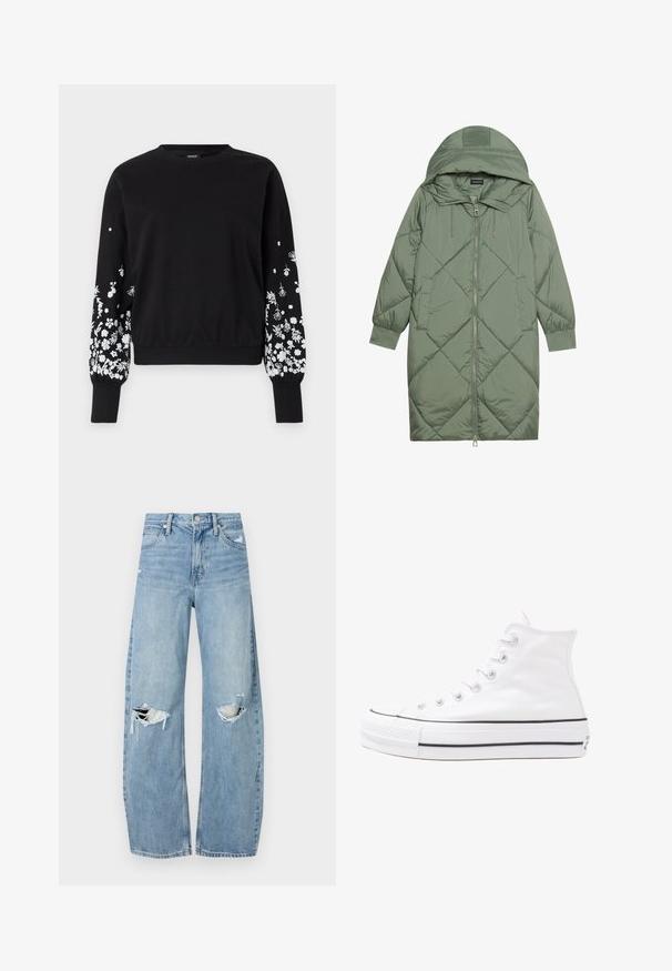Κοντό πράσινο πούπερ μπουφάν με κουκούλα, διαθέτοντας κεντρικό φερμουάρ και δύο πλαϊνές τσέπες. Υφασμάτινο σχέδιο με ρόμβους σε όλη την επιφάνεια.; ONLY ONLBROOKE O NECK FLOWER - Φούτερ - black; Ανοιχτόμπλε, ψηλόμεσα τζιν φτιαγμένα από τζιν ύφασμα. Διαθέτουν φαρδιές καμπάνες, δύο σκισμένα γόνατα και κλασικό στιλ πέντε τσεπών.; Λευκό ψηλό καμβαδάκι αθλητικό παπούτσι με μαύρη καουτσούκ σόλα, πρόσθιο καουτσούκ καλύμματος δακτύλου και έξι οπές για κορδόνια, με μια καθαρή και μίνιμαλ σχεδίαση.