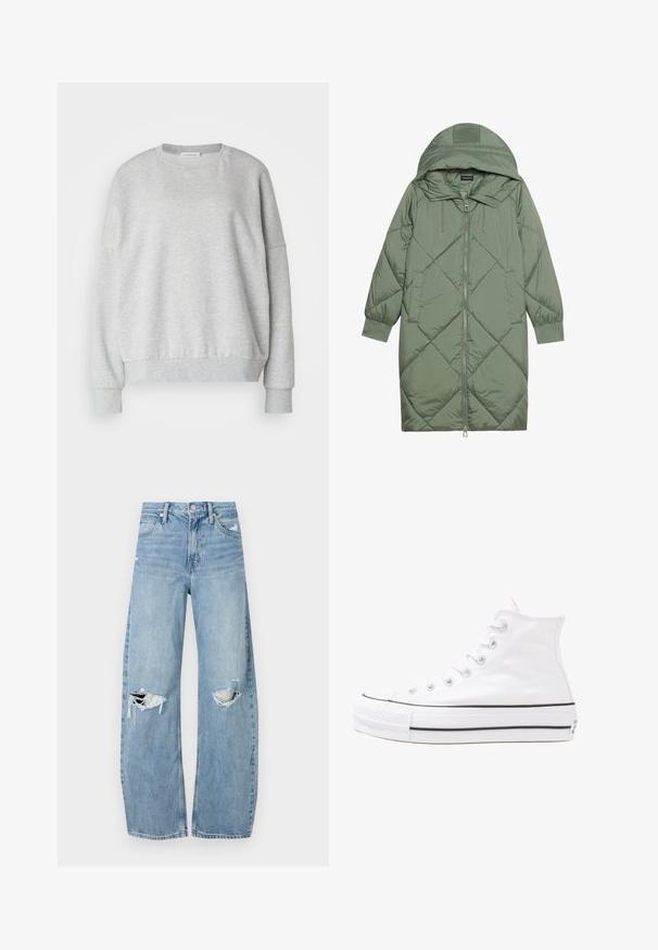 Abrigo acolchado largo verde tipo puffer con capucha, que presenta un cierre frontal con cremallera y dos bolsillos laterales. Patrón de diamantes texturizado en toda su superficie.; Sudadera de color gris claro hecha de una tela suave, con un escote redondo, hombros caídos y puños y dobladillo acanalados para un ajuste relajado.; Vaqueros de mezclilla de tiro alto en azul claro. Tienen piernas anchas, dos áreas desgastadas en las rodillas y un estilo clásico de cinco bolsillos.; Zapatilla de lona alta blanca con suela de goma negra, puntera de goma frontal y seis ojetes para los cordones, que presenta un diseño limpio y minimalista.
