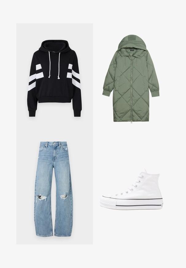 Cappotto lungo imbottito verde con un cappuccio, caratterizzato da una chiusura frontale a zip e due tasche laterali. Motivo a rombi testurizzati su tutta la superficie.; Felpa nera cropped con cappuccio e coulisse, decorata con strisce bianche sui maniche. Il materiale sembra morbido e di una consistenza liscia.; Jeans azzurri chiari a vita alta realizzati in denim. Presentano gambe larghe, due aree strappate sulle ginocchia e il classico styling a cinque tasche.; Sneaker alta in tela bianca con suola in gomma nera, punta in gomma frontale e sei asole per i lacci, caratterizzata da un design pulito e minimalista.