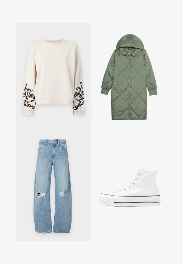 Cappotto lungo imbottito verde con un cappuccio, caratterizzato da una chiusura frontale a zip e due tasche laterali. Motivo a rombi testurizzati su tutta la superficie.; Felpa di colore crema con scollatura rotonda, spalle basse e ricami astratti neri sulle maniche. Tessuto morbido e testurizzato.; Jeans azzurri chiari a vita alta realizzati in denim. Presentano gambe larghe, due aree strappate sulle ginocchia e il classico styling a cinque tasche.; Sneaker alta in tela bianca con suola in gomma nera, punta in gomma frontale e sei asole per i lacci, caratterizzata da un design pulito e minimalista.