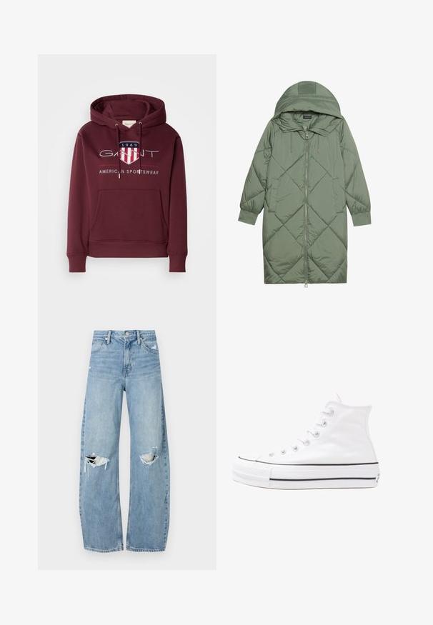 Quiltana duga zelena puffer jakna s kapuljačom, s prednjim zatvaračem i dva bočna džepa. Teksturni dijamantni uzorak kroz cijelu jaknu.; Bordo dukserica izrađena od mekanog materijala, sa prednjim džepom, utezima i logotipom sa štitom i tekstom "1949" na grudima.; Svijetloplave, visoko-strukirane traperice. Imaju široke nogavice, dva razderana područja na koljenima i klasičan stil s pet džepova.; Bijela visoka platnena tenisica s crnom gumenom potplatom, prednjim gumenim zaštitnikom prstiju i šest rupa za vezanje, s čistim, minimalističkim dizajnom.