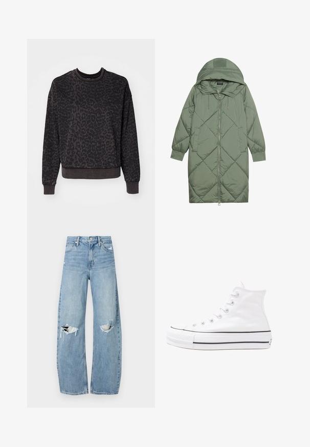 Steppelt, hosszú zöld pufikabát kapucnival, elöl cipzáras záródással és két oldalsó zsebből áll. Az anyagon teljes hosszában váltakozó gyémántmintázat található.; ONLY ONLVOICE O NECK - Melegítőfelső - black; Világoskék, magas derekú farmernadrág. Széles lábakkal, két szakadt térddel és klasszikus öt zsebes dizájnnal rendelkezik.; Fehér magaskorsó vászon sportcipő fekete gumi talppal, elülső gumi orrnyereggel és hat fűzőlyukkal, letisztult, minimalista dizájnnal.