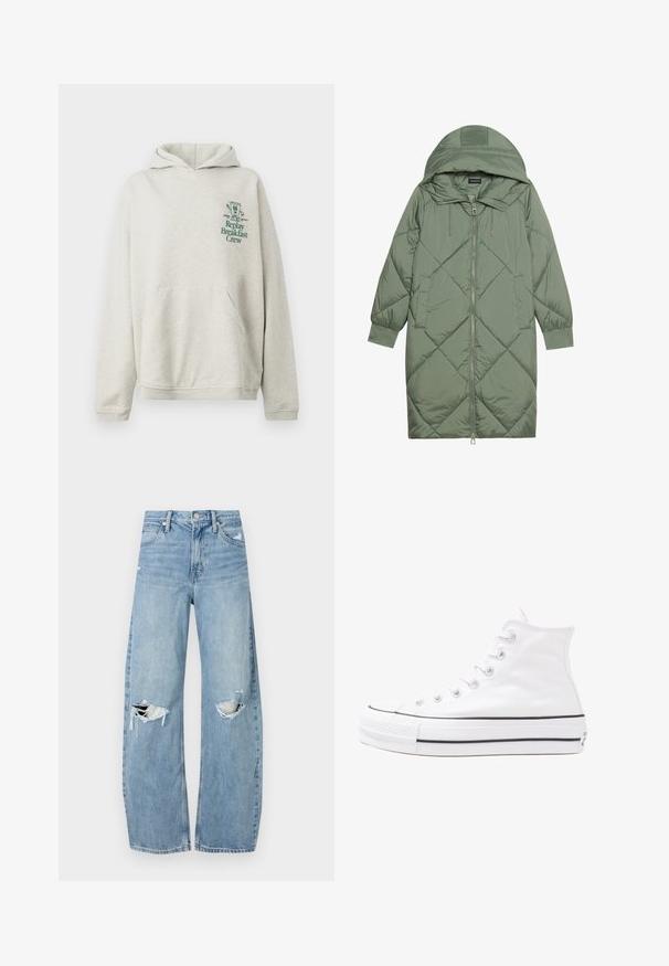 Gequiltede lange groene pufferjas met een capuchon, met een ritssluiting aan de voorkant en twee zijzakken. Gelaagd ruitpatroon overal.; Lichtgrijze hoodie van zacht weefsel, met een voorzak en een capuchon. Groene opdruk en afbeelding op de linkerkant van de borst.; Lichtblauwe, hooggeritste jeans van denim. Beschikken over wijde pijpen, twee gescheurde knievalken en klassieke vijfzakken styling.; Witte high-top canvas sneakers met een zwarte rubberen zool, een rubberen neuskap aan de voorkant en zes gaatjes voor veters, met een schone, minimalistische uitstraling.
