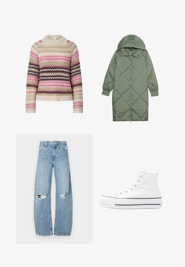 Steppelt, hosszú zöld pufikabát kapucnival, elöl cipzáras záródással és két oldalsó zsebből áll. Az anyagon teljes hosszában váltakozó gyémántmintázat található.; Krémszínű, rózsaszínű és barna kötött pulóver, kerek nyakkal, vízszintes csíkokkal és texturált mintákkal. Bordázott mandzsetták és hem.; Világoskék, magas derekú farmernadrág. Széles lábakkal, két szakadt térddel és klasszikus öt zsebes dizájnnal rendelkezik.; Fehér magaskorsó vászon sportcipő fekete gumi talppal, elülső gumi orrnyereggel és hat fűzőlyukkal, letisztult, minimalista dizájnnal.