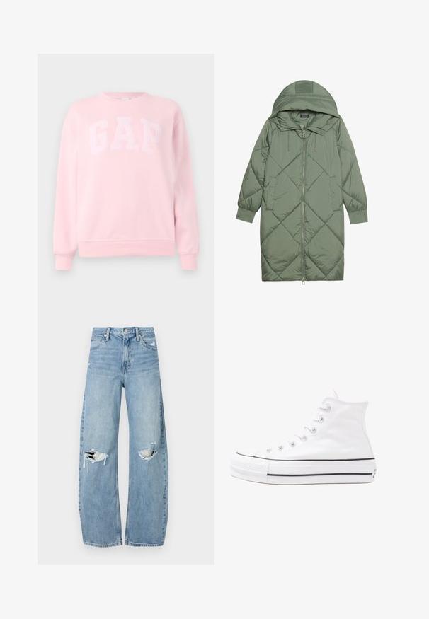Steppelt, hosszú zöld pufikabát kapucnival, elöl cipzáras záródással és két oldalsó zsebből áll. Az anyagon teljes hosszában váltakozó gyémántmintázat található.; Világos rózsaszín, hosszú ujjú, bordás mandzsettás pulóver, a mellkasán domború GAP logóval.; Világoskék, magas derekú farmernadrág. Széles lábakkal, két szakadt térddel és klasszikus öt zsebes dizájnnal rendelkezik.; Fehér magaskorsó vászon sportcipő fekete gumi talppal, elülső gumi orrnyereggel és hat fűzőlyukkal, letisztult, minimalista dizájnnal.