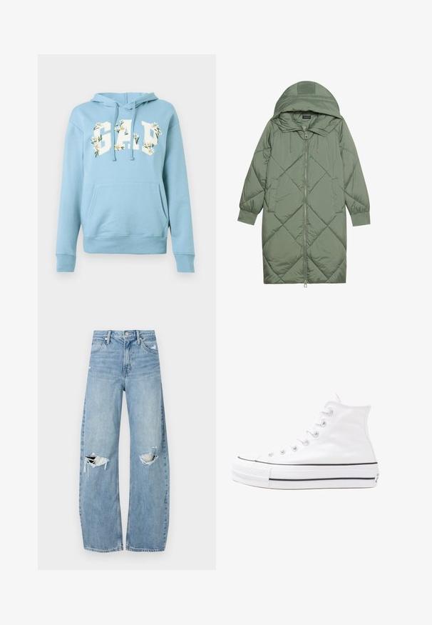 Vadderad lång grön pufferjacka med huva, med en framsidan dragkedjestängning och två sidofickor. Strukturerad diamantmönster över hela plagget.; Ljusblå hoodie med framficka, dragsko och "GAP"-text dekorerad med vita prästkragar på bröstet.; Ljusblå, högmidjade jeans i denim. Har vida ben, två slitna knäområden och klassisk femfickedesign.; Vit hög topp canvas sneaker med svart gummisulan, framsidan gummitåhätta och sex öglor för snören, med en ren, minimalistisk design.
