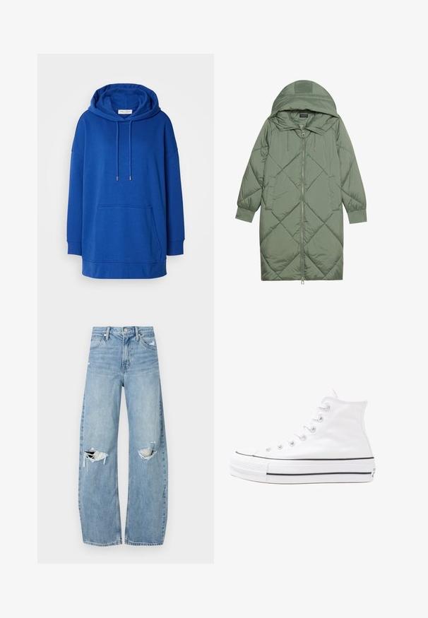 Izšūts garš zaļš pūšļa mētelis ar kapuci, ar priekšējo rāvējslēdzēju un divām sānu kabatām. Visā virsmā ir teksturēta dimanta raksts.; Zilais pārspīlēts hoodie, kas izgatavots no kokvilnas un sintētisko šķiedru maisījuma. Tam ir kapuce ar auklu, priekšējā kabata un ribotās aproces, nodrošinot brīvu un ērti nēsājamu piegriezumu.; Gaiši zili, augstās vidukļa džinsi, kas izgatavoti no denima. Iespējas plašas kājas, divas plēstas ceļa daļas un klasiskā piecu kabatu dizains.; Balti augstie kanvas sporta apavi ar melnu gumijas zoli, priekšējo gumijas purngalu un sešām acīm lencēm, kuriem ir tīrs, minimālistisks dizains.