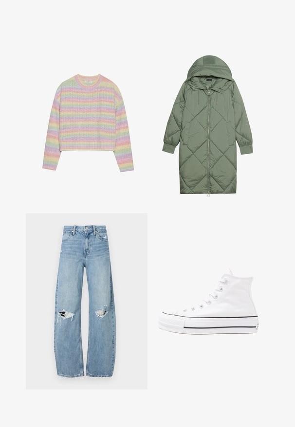 Gesteppten langer grüner Daunenmantel mit Kapuze, mit einem Reißverschluss vorne und zwei Seitentaschen. Strukturiertes Rautenmuster auf der gesamten Fläche.; Pastellfarbener gestreifter Strickpullover mit Rundhalsausschnitt, langen Ärmeln und verkürztem Saum. Der Stoff hat eine leicht strukturierte Oberfläche.; Helles, hochtailliertes Jeans aus Denim. Hat weit geschnittene Beine, zwei aufgerissene Kniebereiche und klassischen Fünf-Taschen-Stil.; Weiße hochwertige Leinensneaker mit schwarzer Gummisohle, vorderem Gummizehenschutz und sechs Ösen für Schnürsenkel, die ein sauberes, minimalistisches Design aufweisen.