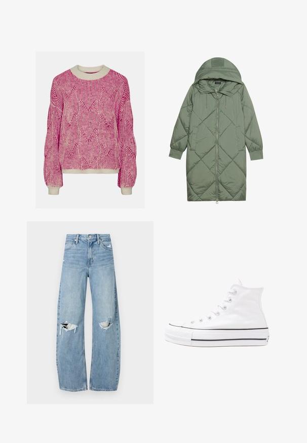 Puchowy, długi, zielony płaszcz z kapturem, z zamkiem błyskawicznym z przodu i dwoma bocznymi kieszeniami. Całość pokryta fakturowanym wzorem diamentowym.; Pieces PCJENNA szary; Jasnoniebieskie, wysokiej talii dżinsy wykonane z denimu. Posiadają szerokie nogawki, dwa podarte miejsca na kolanach oraz klasyczne pięć kieszeni.; Białe wysokie trampki z płótna z czarną gumową podeszwą, przednim czubkiem z gumy i sześcioma dziurkami na sznurowadła, charakteryzujące się prostym, minimalistycznym designem.