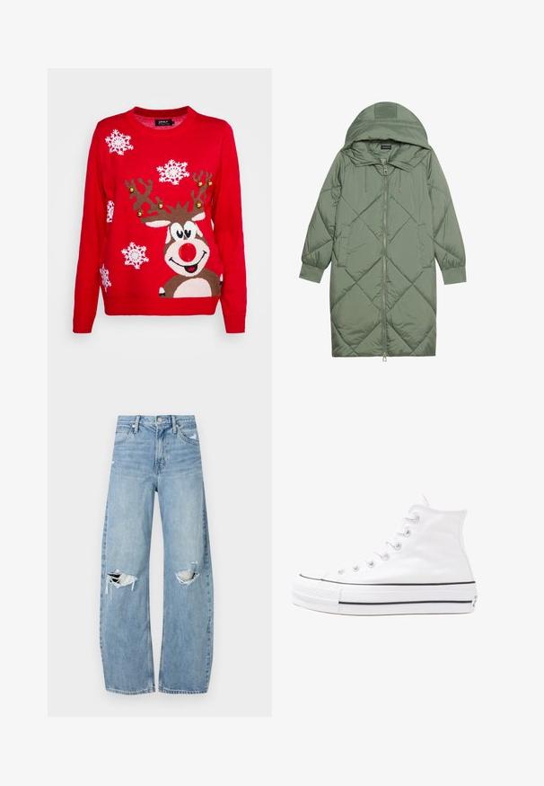 Prošívaný dlouhý zelený péřový kabát s kapucí, který má přední zip a dvě boční kapsy. Po celém povrchu je texturovaný diamantový vzor.; ONLY XMAS BELL LS EX - Svetr - red; Světle modré džíny s vysokým pasem vyrobené z denimu. Mají široké nohavice, dvě roztržené oblasti na kolenou a klasický pětikapsový střih.; Bílé vysoké plátěné tenisky s černou gumovou podrážkou, přední gumovou špičkou a šesti očky na tkaničky, se čistým, minimalistickým designem.