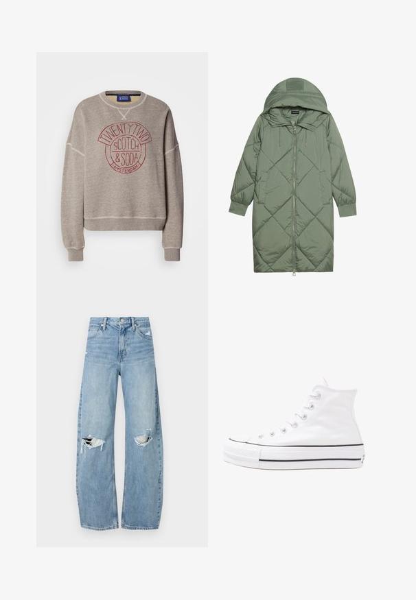 Cele nouă pictate în verde închis, din material pufos, cu glugă, care dispune de închidere cu fermoar frontal și două buzunare laterale. Model texturat cu un model în diamant pe întreaga suprafață.; Hanorac gri dintr-un material moale, cu guler rotund. Prezintă o imprimare circulară roșie cu textul "TWENTY TWO SCOTCH & SODA AMSTERDAM". Manșete cu model cu nervuri.; Jeans de denim, de un bleu deschis, cu talie înaltă. Au picioare late, două zone rupte la genunchi și un stil clasic cu cinci buzunare.; Adidași albi tip pantofi sport cu glezna din pânză, cu talpă din cauciuc negru, capac de vârf din cauciuc frontal și șase ochiuri pentru șireturi, având un design curat și minimalist.