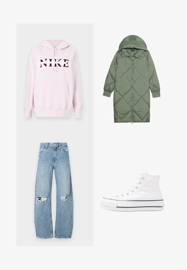 Quiltet lang grønn pufferjakke med hette, med en frontglidelås og to sidelommer. Teksturerte diamantmønster overalt.; Rosa hettegenser med kengurulomme og snorhette. Utstyrt med en stor, mørkerød "NIKE" logo over fronten. Myk stofftekstur.; Lyseblå høytlivsjeans laget av denim. Har vide bein, to revne knær og klassisk fem-lommers design.; Hvit høy-skinn kanvas sneakers med svart gummisåle, gummitåhette foran og seks hull for snorer, med et rent, minimalistisk design.