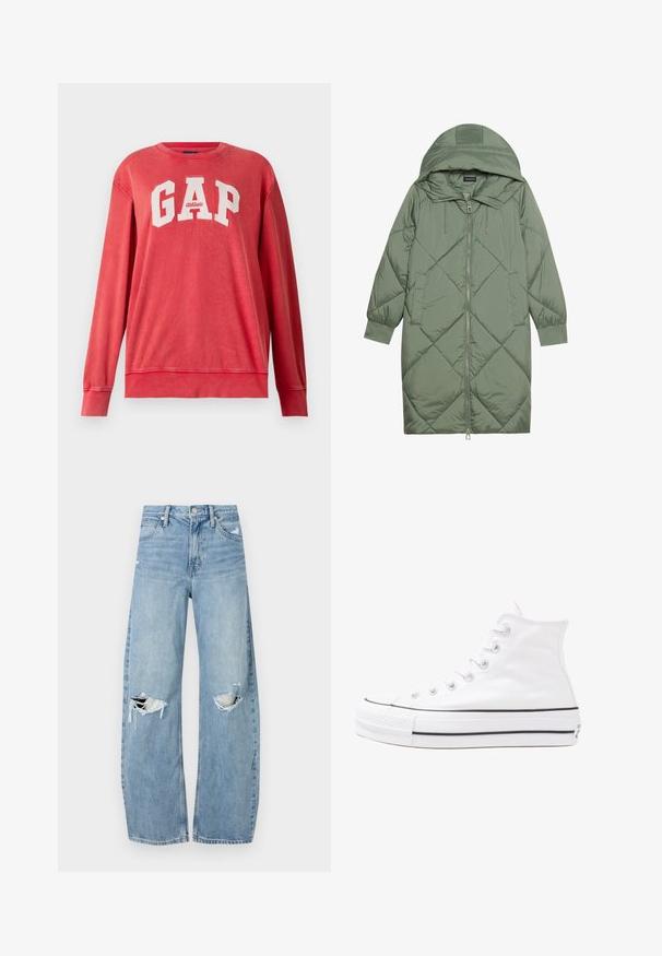 Manteau matelassé long vert avec capuche, doté d'une fermeture éclair à l'avant et de deux poches latérales. Motif en losanges texturé sur toute sa surface.; GAP Sweatshirt - modern red; Jeans en denim bleu clair à taille haute. Présentent des jambes larges, deux zones déchirées aux genoux et un style classique à cinq poches.; Baskets montantes en toile blanche avec semelle en caoutchouc noir, capuchon en caoutchouc à l'avant, et six œillets pour les lacets, présentant un design épuré et minimaliste.