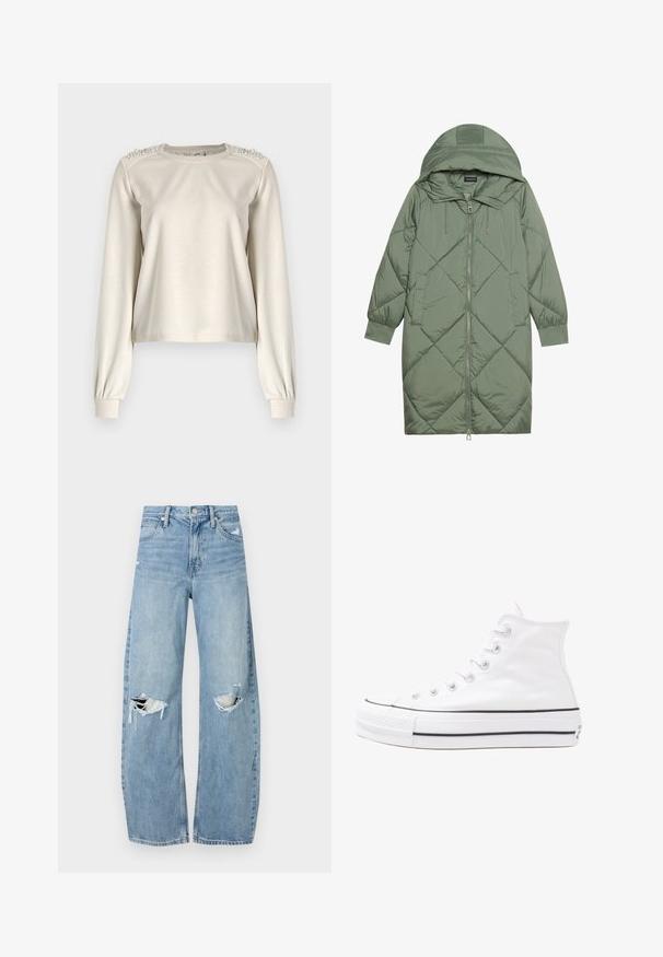 Casaco puffer longo verde acolchoado com capuz, apresentando um fecho frontal com zíper e dois bolsos laterais. Padrão texturizado em forma de diamante por todo o casaco.; Sweatshirt cropped em bege claro com mangas longas, punhos ajustados e detalhes decorativos em pérolas nos ombros. Textura de tecido suave.; Jeans de lavagem clara, de cintura alta, feitos de denim. Apresentam pernas largas, duas áreas rasgadas nos joelhos e o estilo clássico de cinco bolsos.; Sapatilha alta de tela branca com sola de borracha preta, bico de borracha na frente e seis ilhós para os atacadores, apresentando um design limpo e minimalista.