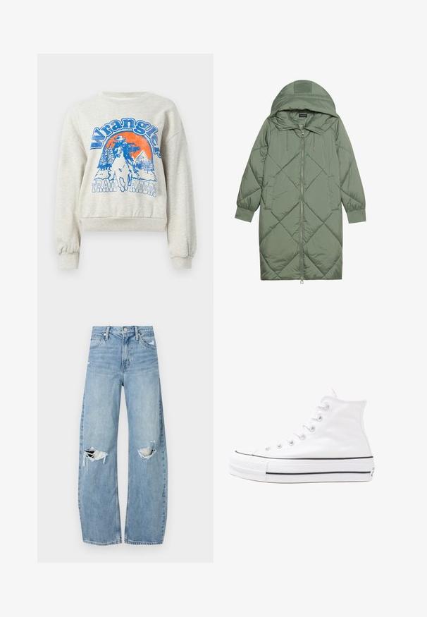 Cappotto lungo imbottito verde con un cappuccio, caratterizzato da una chiusura frontale a zip e due tasche laterali. Motivo a rombi testurizzati su tutta la superficie.; Felpa grigia chiara con scollo rotondo e polsini a coste. Presenta una grafica blu e arancione di un cowboy a cavallo e alberi.; Jeans azzurri chiari a vita alta realizzati in denim. Presentano gambe larghe, due aree strappate sulle ginocchia e il classico styling a cinque tasche.; Sneaker alta in tela bianca con suola in gomma nera, punta in gomma frontale e sei asole per i lacci, caratterizzata da un design pulito e minimalista.