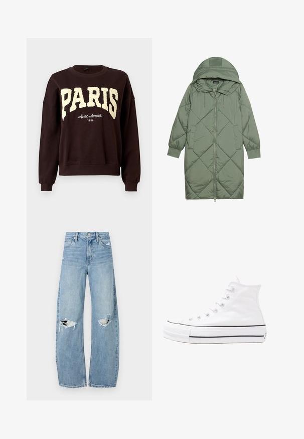 Steppelt, hosszú zöld pufikabát kapucnival, elöl cipzáras záródással és két oldalsó zsebből áll. Az anyagon teljes hosszában váltakozó gyémántmintázat található.; Sötétbarna környakú pulóver nagy, texturált "PARIS" felirattal és kisebb "Avec Amour 1986" szöveggel a mellkas alatt.; Világoskék, magas derekú farmernadrág. Széles lábakkal, két szakadt térddel és klasszikus öt zsebes dizájnnal rendelkezik.; Fehér magaskorsó vászon sportcipő fekete gumi talppal, elülső gumi orrnyereggel és hat fűzőlyukkal, letisztult, minimalista dizájnnal.