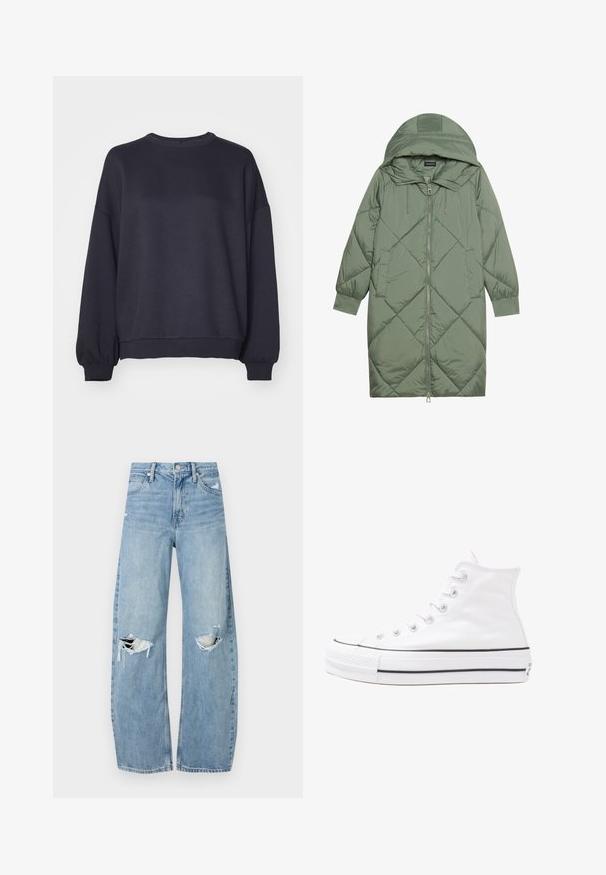 Zelený prešívaný páperový kabát s kapucňou, so zipsovým uzáverom vpredu a dvoma bočnými vreckami. Po celom povrchu je textúrovaný diamantový vzor.; Tmavomodrá mikina z jemného materiálu. Obsahuje okrúhly výstrih, spustené ramená a rebrované manžety a lem. Jednoduchý dizajn bez vzoru.; Svetlomodré, vysoké džínsy vyrobené z denimu. Majú široké nohavice, dve roztrhnuté kolená a klasický päťvreckový strih.; Biele vysoké plátené tenisky s čiernou gumovou podošvou, prednou gumovou špičkou a šiestimi okami na šnúrky, s čistým, minimalistickým dizajnom.