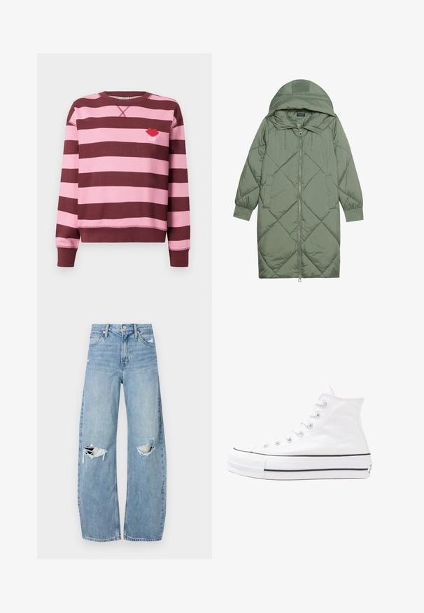 Cappotto lungo imbottito verde con un cappuccio, caratterizzato da una chiusura frontale a zip e due tasche laterali. Motivo a rombi testurizzati su tutta la superficie.; Maglione a righe marrone e rosa con scollatura a girocollo e polsini a coste. Presenta un logo di labbra rosse ricamato con il testo "PARIS STUDIO".; Jeans azzurri chiari a vita alta realizzati in denim. Presentano gambe larghe, due aree strappate sulle ginocchia e il classico styling a cinque tasche.; Sneaker alta in tela bianca con suola in gomma nera, punta in gomma frontale e sei asole per i lacci, caratterizzata da un design pulito e minimalista.
