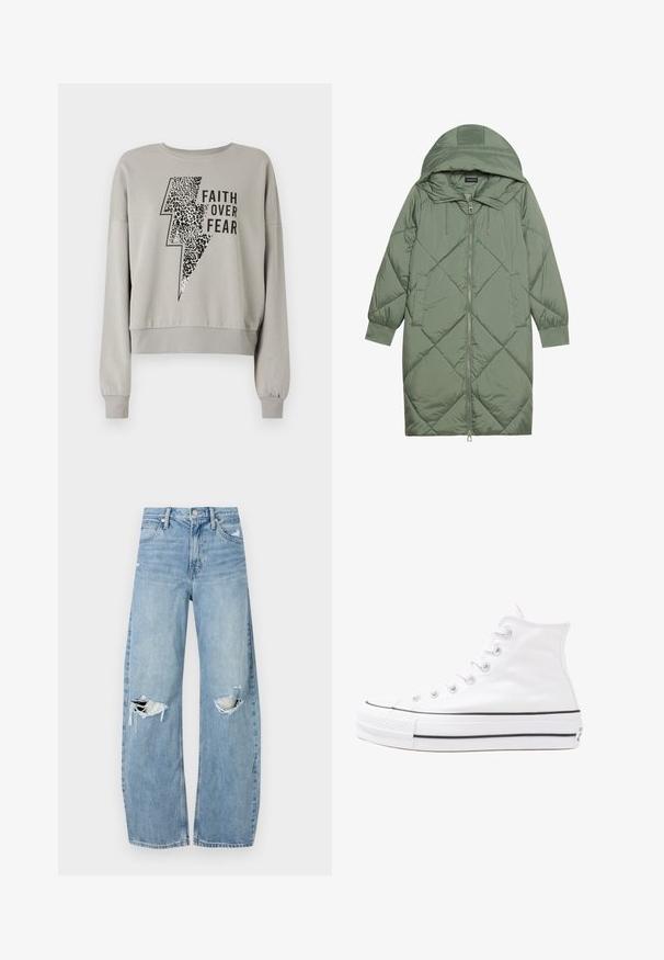 Abrigo acolchado largo verde tipo puffer con capucha, que presenta un cierre frontal con cremallera y dos bolsillos laterales. Patrón de diamantes texturizado en toda su superficie.; Sudadera gris con cuello redondo. Presenta un gráfico de un rayo negro con estampado de leopardo, el texto "FE TACIO SOBRE EL MIEDO" y puños acanalados.; Vaqueros de mezclilla de tiro alto en azul claro. Tienen piernas anchas, dos áreas desgastadas en las rodillas y un estilo clásico de cinco bolsillos.; Zapatilla de lona alta blanca con suela de goma negra, puntera de goma frontal y seis ojetes para los cordones, que presenta un diseño limpio y minimalista.