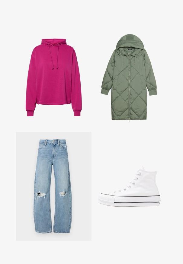 Abrigo acolchado largo verde tipo puffer con capucha, que presenta un cierre frontal con cremallera y dos bolsillos laterales. Patrón de diamantes texturizado en toda su superficie.; Sudadera con capucha fucsia hecha de material suave. Cuenta con un corte holgado, cordón en el cuello y puños acanalados. Textura suave.; Vaqueros de mezclilla de tiro alto en azul claro. Tienen piernas anchas, dos áreas desgastadas en las rodillas y un estilo clásico de cinco bolsillos.; Zapatilla de lona alta blanca con suela de goma negra, puntera de goma frontal y seis ojetes para los cordones, que presenta un diseño limpio y minimalista.