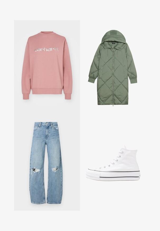 Cappotto lungo imbottito verde con un cappuccio, caratterizzato da una chiusura frontale a zip e due tasche laterali. Motivo a rombi testurizzati su tutta la superficie.; Felpa rosa realizzata in misto cotone, con scollo rotondo e polsini a costine. Grande logo "carhartt" argentato sul petto.; Jeans azzurri chiari a vita alta realizzati in denim. Presentano gambe larghe, due aree strappate sulle ginocchia e il classico styling a cinque tasche.; Sneaker alta in tela bianca con suola in gomma nera, punta in gomma frontale e sei asole per i lacci, caratterizzata da un design pulito e minimalista.