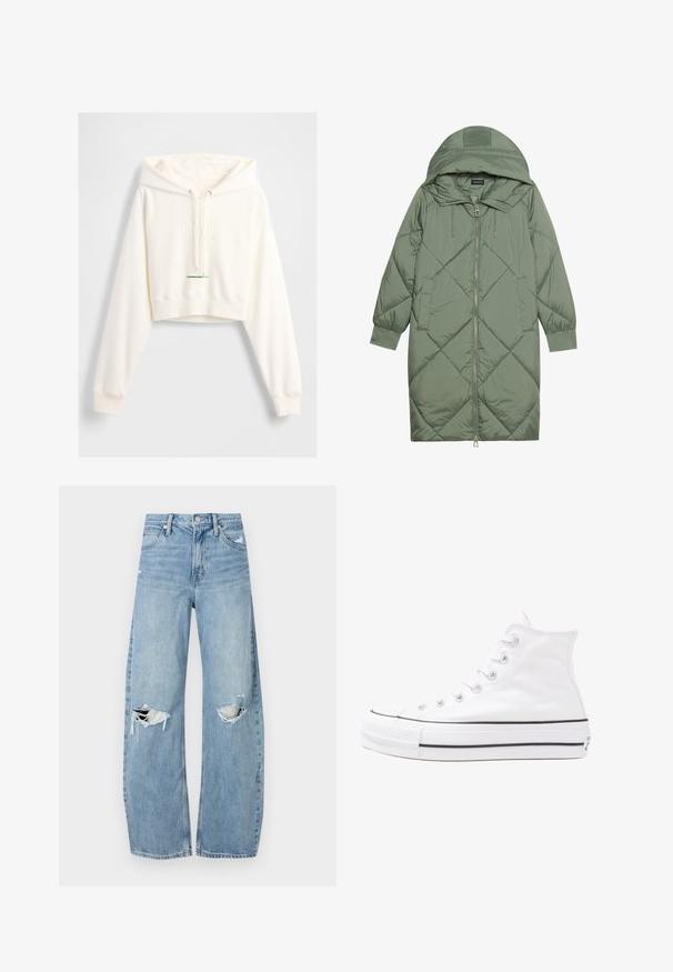 Gequiltede lange groene pufferjas met een capuchon, met een ritssluiting aan de voorkant en twee zijzakken. Gelaagd ruitpatroon overal.; Witte cropped hoodie met capuchon met trekkoord, geperst "GAP"-logo, geribbelde manchetten en een groene accentenlabel aan de zoom. Zachte, gladde textuur.; Lichtblauwe, hooggeritste jeans van denim. Beschikken over wijde pijpen, twee gescheurde knievalken en klassieke vijfzakken styling.; Witte high-top canvas sneakers met een zwarte rubberen zool, een rubberen neuskap aan de voorkant en zes gaatjes voor veters, met een schone, minimalistische uitstraling.