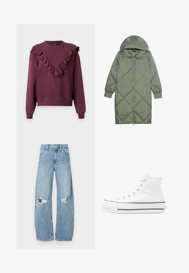 Manteau matelassé long vert avec capuche, doté d'une fermeture éclair à l'avant et de deux poches latérales. Motif en losanges texturé sur toute sa surface.; Sweat-shirt bordeaux avec un décolleté en V froncé, des manches longues et des poignets et un ourlet côtelés. Fabriqué en tissu doux avec une coupe décontractée.; Jeans en denim bleu clair à taille haute. Présentent des jambes larges, deux zones déchirées aux genoux et un style classique à cinq poches.; Baskets montantes en toile blanche avec semelle en caoutchouc noir, capuchon en caoutchouc à l'avant, et six œillets pour les lacets, présentant un design épuré et minimaliste.