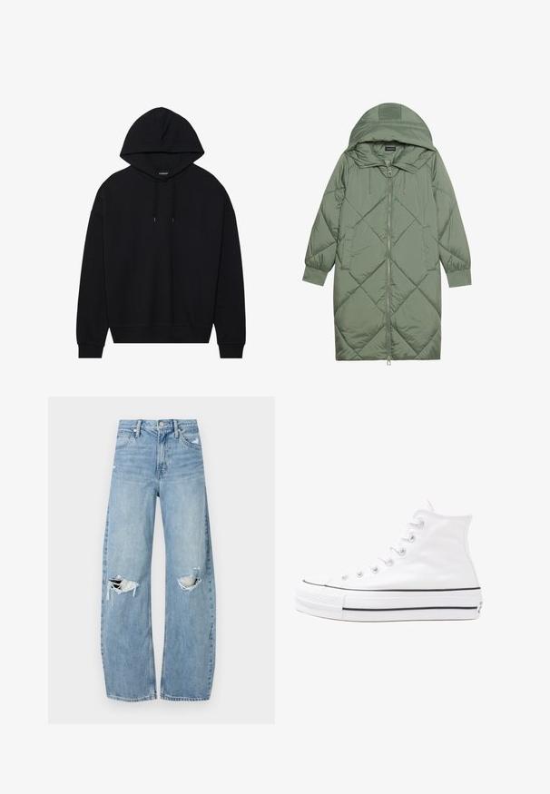 Puchowy, długi, zielony płaszcz z kapturem, z zamkiem błyskawicznym z przodu i dwoma bocznymi kieszeniami. Całość pokryta fakturowanym wzorem diamentowym.; Czarna bluza z kapturem wykonana z bawełny, z regulowanym ściągaczem, długimi rękawami oraz ściągaczami na mankietach i u dołu. Gładkie, jednolite wykończenie.; Jasnoniebieskie, wysokiej talii dżinsy wykonane z denimu. Posiadają szerokie nogawki, dwa podarte miejsca na kolanach oraz klasyczne pięć kieszeni.; Białe wysokie trampki z płótna z czarną gumową podeszwą, przednim czubkiem z gumy i sześcioma dziurkami na sznurowadła, charakteryzujące się prostym, minimalistycznym designem.
