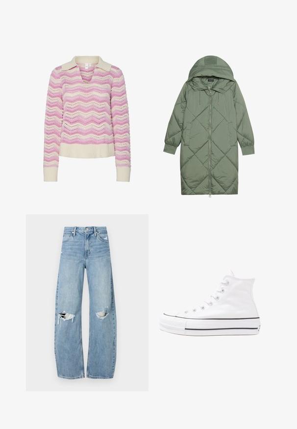 Puchowy, długi, zielony płaszcz z kapturem, z zamkiem błyskawicznym z przodu i dwoma bocznymi kieszeniami. Całość pokryta fakturowanym wzorem diamentowym.; Sweter wykonany na drutach z dekoltem w serek i krótkim kołnierzem, z falistym wzorem w odcieniach różu i kremu. Teksturowany, z prążkowanymi mankietami i dołem.; Jasnoniebieskie, wysokiej talii dżinsy wykonane z denimu. Posiadają szerokie nogawki, dwa podarte miejsca na kolanach oraz klasyczne pięć kieszeni.; Białe wysokie trampki z płótna z czarną gumową podeszwą, przednim czubkiem z gumy i sześcioma dziurkami na sznurowadła, charakteryzujące się prostym, minimalistycznym designem.